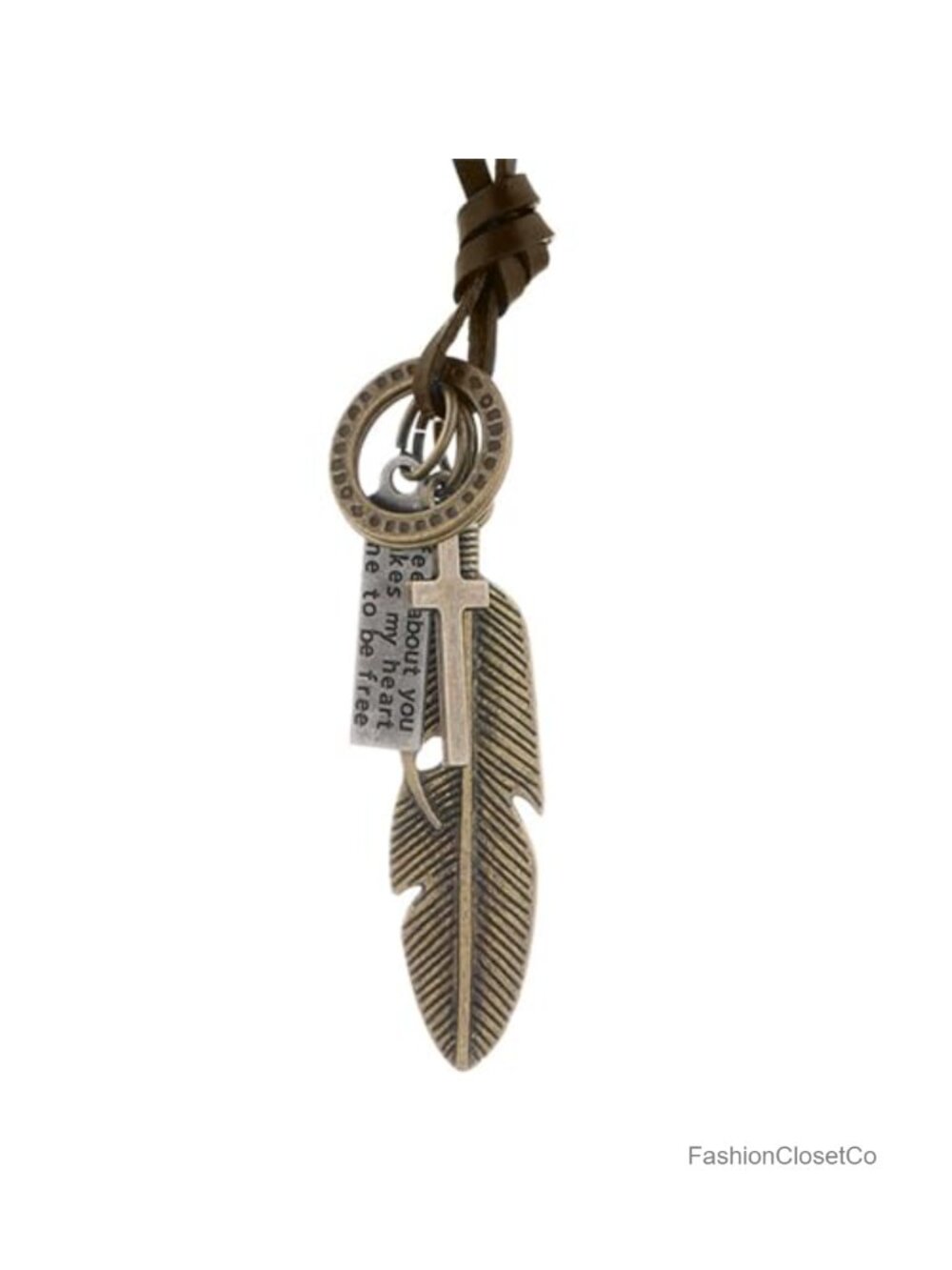 Boho Feather Cross Pendant Necklace on Genuine Leather Cord
